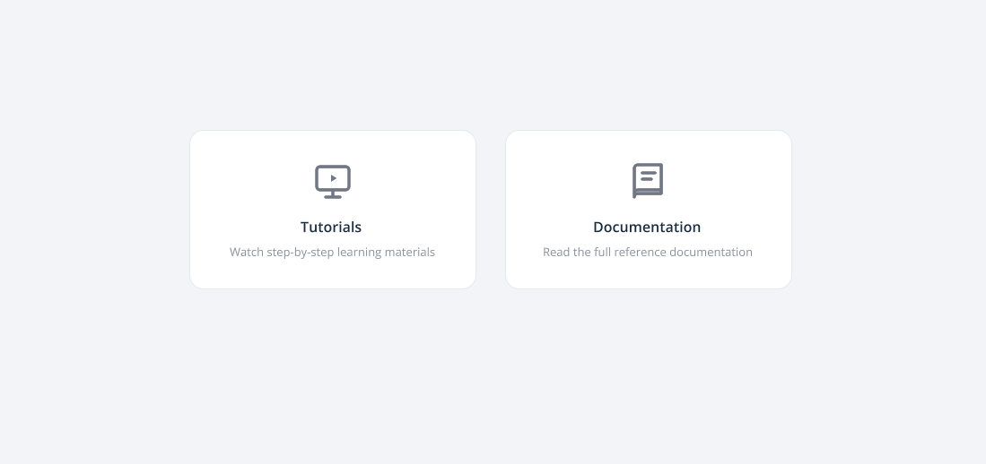 Help page with Tutorials and Documentation options