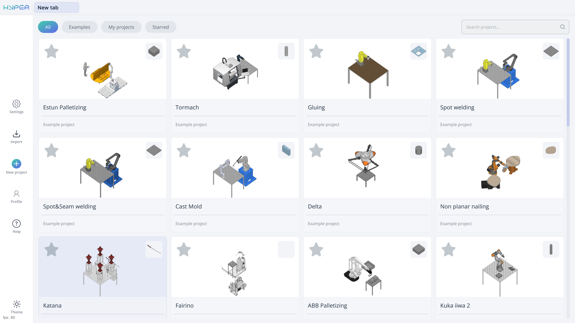 ENCY Hyper home page with the navigation panel on the left and the project library on the right
