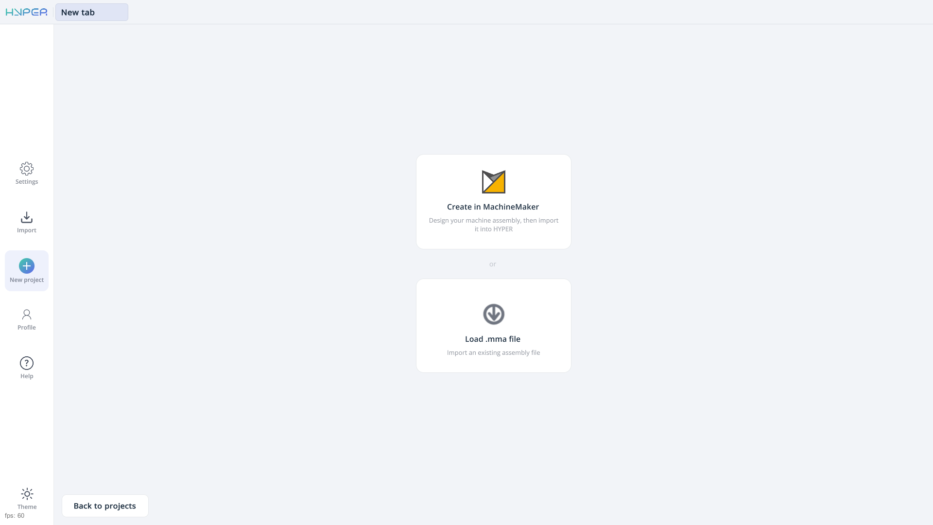 New project page with Create in MachineMaker and Load .mma file options