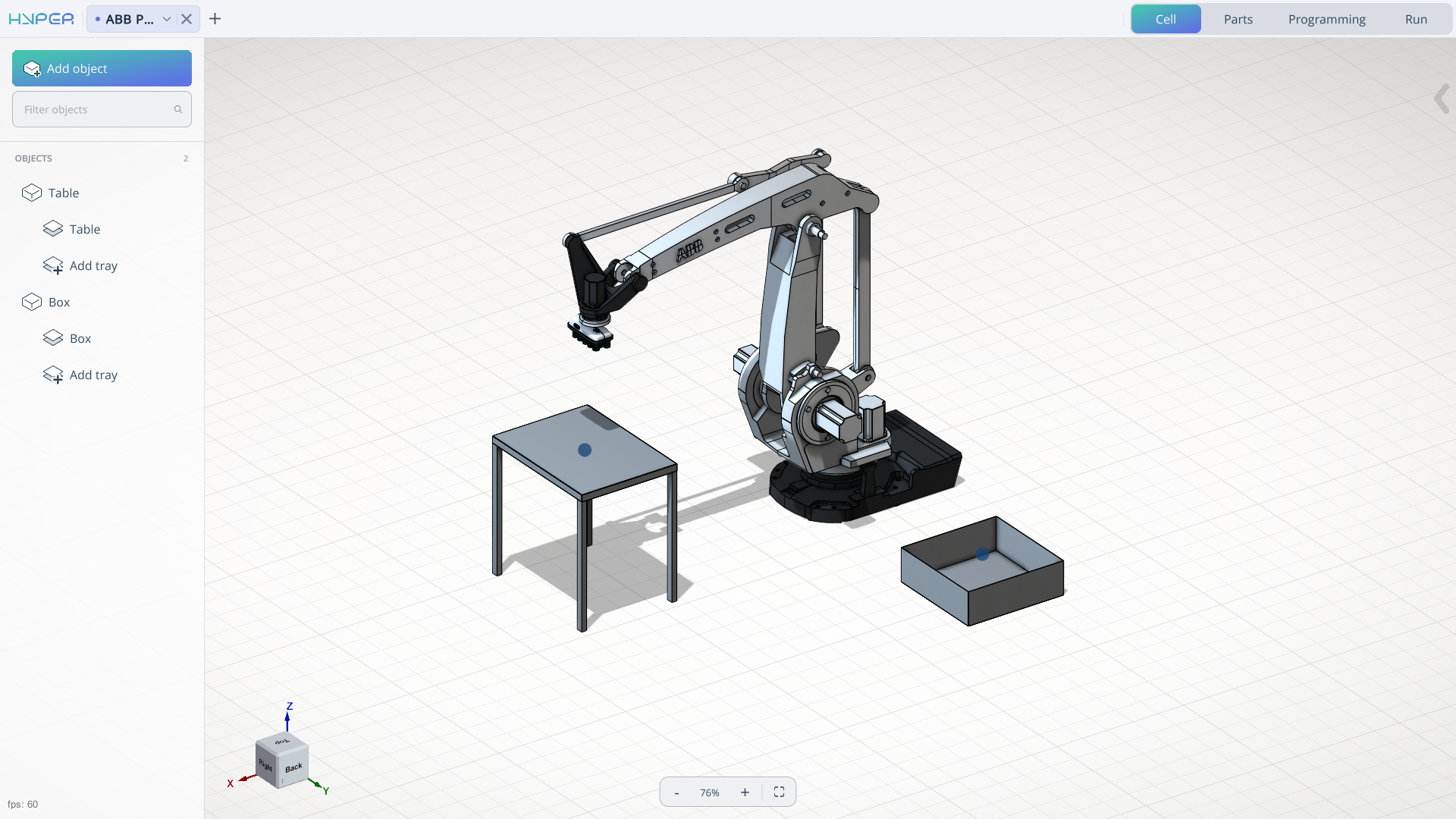 Cell mode with the object tree on the left and the robotic cell in the graphics window