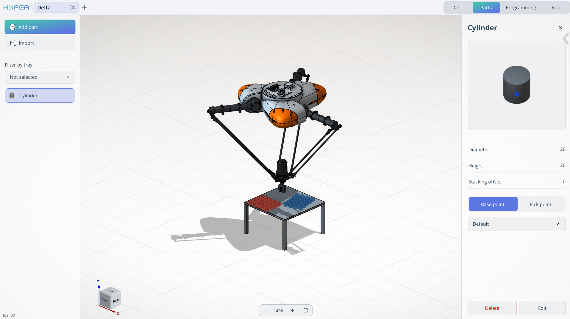 Parts mode with the parts list, robotic cell, and cylinder properties
