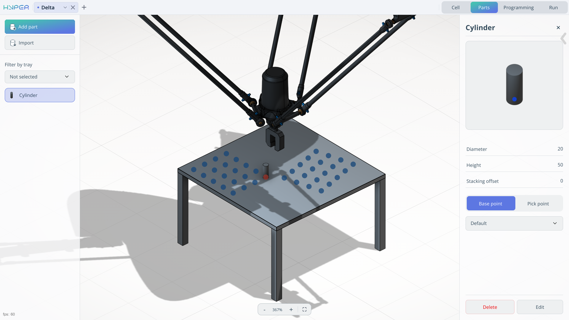 Cylinder placed at a tray attachment point in Parts mode