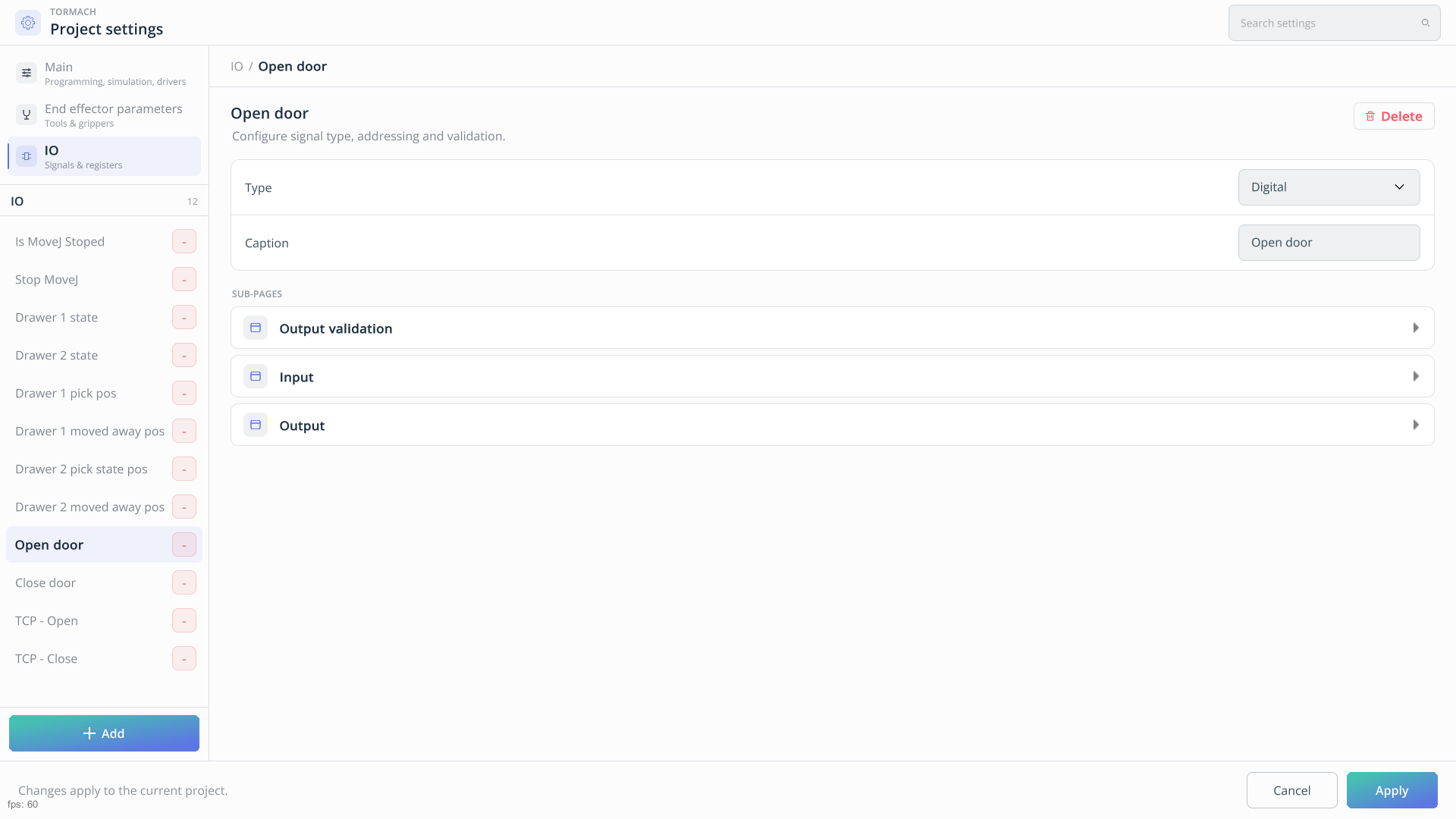 Project settings with predefined IO entries and the Open door settings