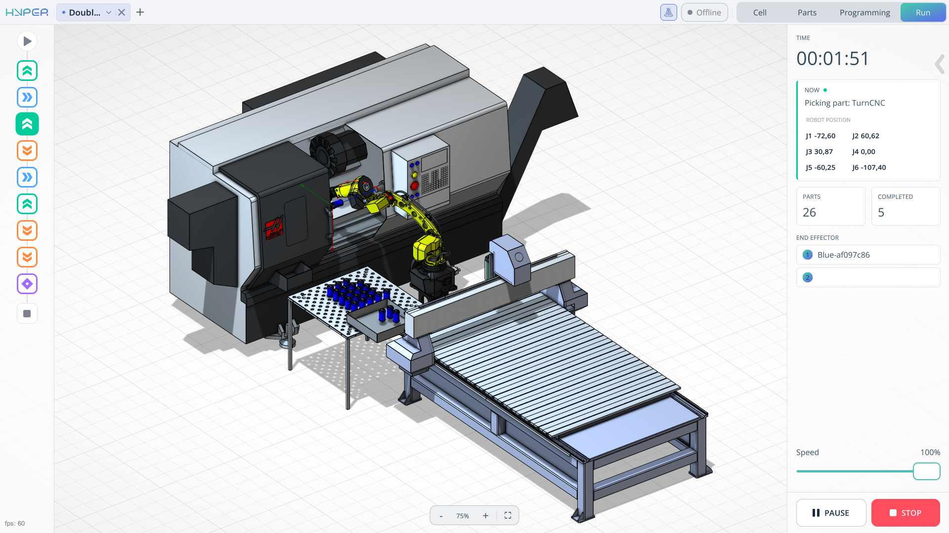 Run mode with program steps, execution status, part counts, speed slider, and program controls